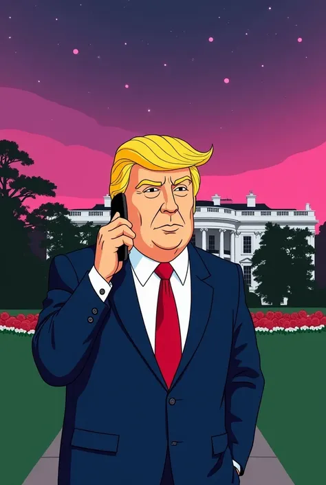  Generate a cartoon illustration of Donald Trump talking onacell phone dressed inapresideettial suit
standing prominently inthe middle ofthe image behindhim is the White House witha
beautiful pink to purple starry sky trees andthe white house garden behind...