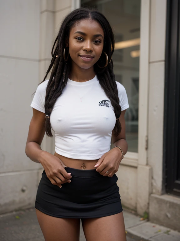 African black woman, very dark ebony skin, Happy, dreadlocks chignon, Fitness musclular body, tracksuit miniskirt, close-up portrait, street Block, from face 