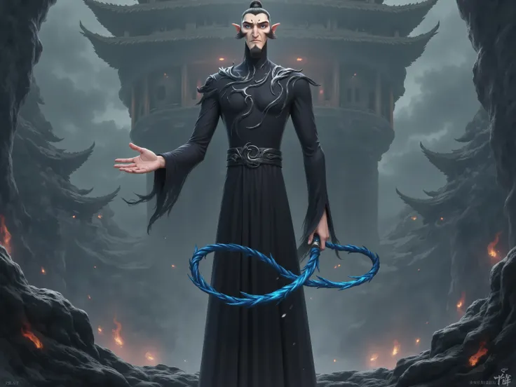 ( masterpiece, top quality:1.2), Game anime characters, alone,beard, Black Robe ,slim。Holding a blue whip in his hand。Kung Fu Action ,flame,cliff,Ominous clouds,Grand scene,Large game scene