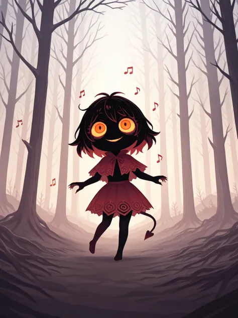 beautiful color, Multi-color,vivid color, cute horror fantasy, disney-style horror effects,picture-book style. solo,1girl\((devil:1.4),dark holo,cute,dancing,evil smile,(pure black skin:1.3),(bags under eyes),long eyelash, big eye, (chibi:1.2),long nail, o...