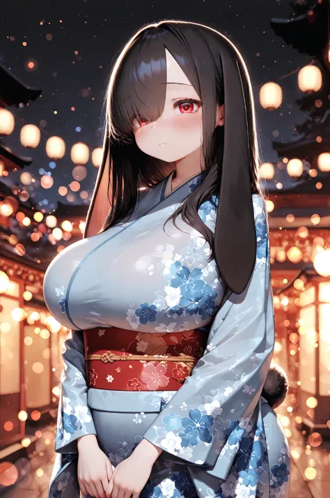 front view, 1girl, lop-eared rabbit kemonomimi, rabbit ears, rabbit tail, red eyes, hair over right eye, black hair, large breasts, intricate kimono, solo, female focus, night, stars, bokeh, masterpiece, best quality, amazing quality, very aesthetic, absur...