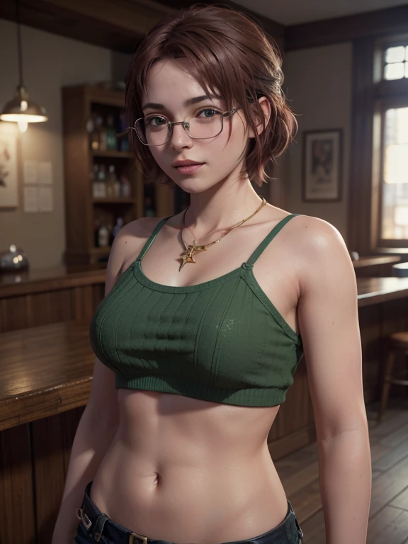  close-up,  upper body . Short,  red hair,  green eyes, ( metal frame glasses with diopters:1.2), (gold necklace:1.2), (green mini top :1.4),  bare belly, a smiling 15-year-old girl is standing at a bar. ( Masterpiece ,  top quality ,  better quality,  off...