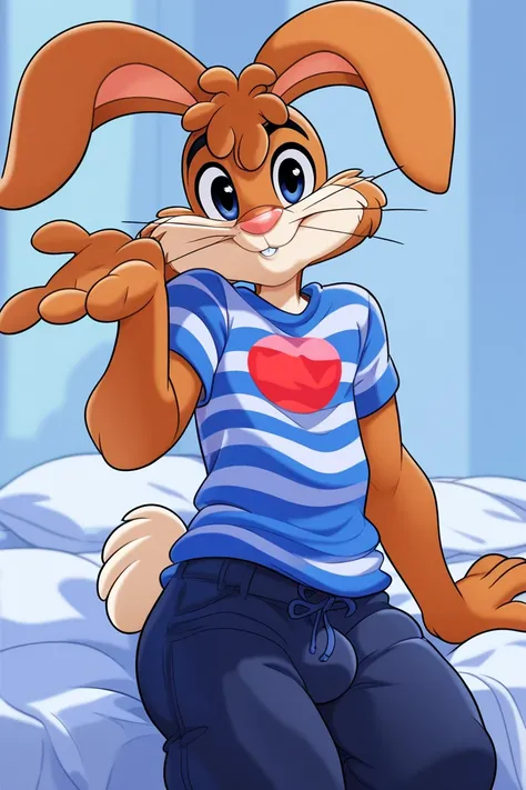 zPDXL3,quicky,4 fingers,brown fur, black pants, blue striped shirt, standing, young adult, cute version of quicky, cute rabbit hair, furry, rabbit, male, Warner Bros style, femboy, slim,solo,looking_at_viewer, bed‚ sleeping