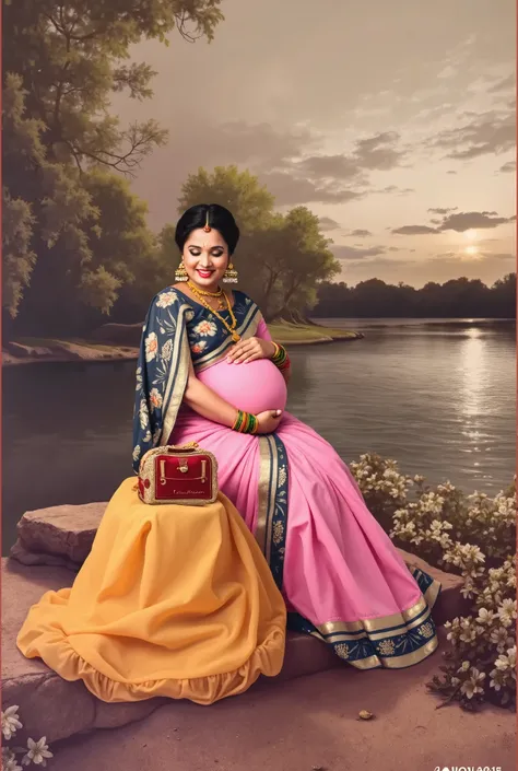 pregnant woman in pink sari sitting on rock by water, inspired by Raja Ravi Varma, maternal photography 4 k, pregnancy, portrait shot, advertising photo, trending ，, portrait image, traditional photography, mid shot portrait, photo taken with nikon d 7 5 0...