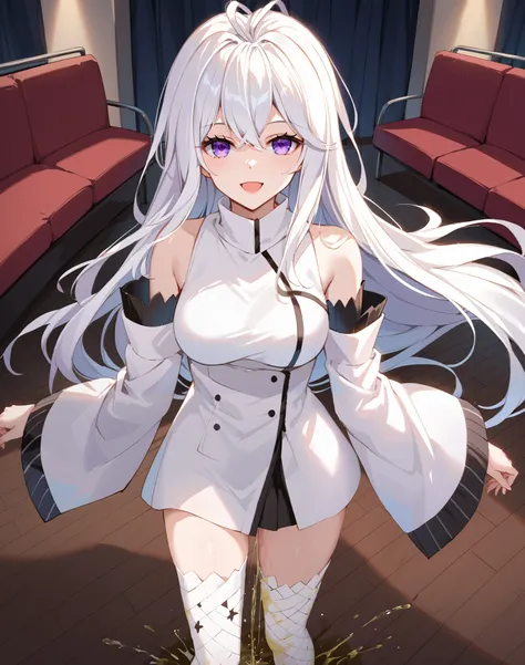 Gu_Yuena, white hair, long hair, purple eyes,  antenna hair, guyuena clothes, collared shirt, detached sleeves, wide sleeves, patterned thighhighs,The girl urinated all over the floor, urine flowing everywhere , cinema, BREAK looking at viewer, sexy face, ...