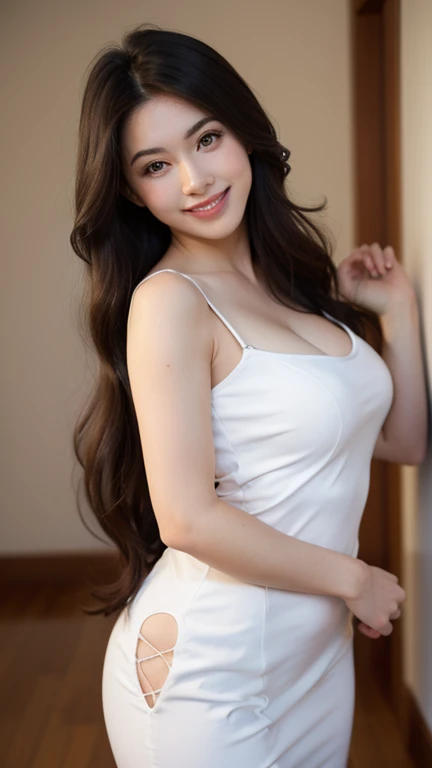 Long Hair, High Resolution, Smile, Large breasts, Feet Out Of Frame, poses like model , wearing a thin dress, show the inside.