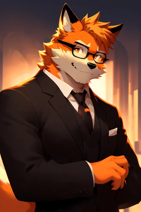 1man, Solo, Best Quality, 8k, From Side, Anime, Male Gender, A Orange Fox , Black Glasses with A Suit, Looking at the viewer, Smirking