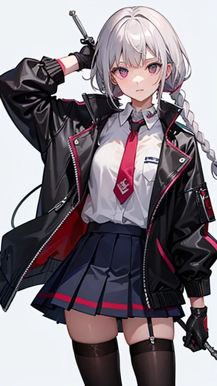  Punk Clothing,12 knives , shiny hair, Side braiding,  wet hair,   medium hair ,  Silver Hair, Slanted Eyes ,  simple background, Scar on cheek,  top quality,  textured skin,  Glossy Pink Lipstick , cool schoolgirls,Leather gloves,