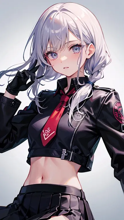  Punk Clothing,12 knives , shiny hair, Side braiding,  wet hair,   medium hair ,  Silver Hair, Slanted Eyes ,  simple background, Scar on cheek,  top quality,  textured skin,  Glossy Pink Lipstick , cool schoolgirls,Leather gloves,