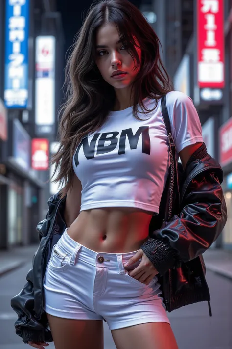 A striking, 8K resolution Full Body View portrait photography image of a Ultra-Sexy, Ultra-Beautiful and Very erotic 19 Years Young Latina Female Adult Film model, exuding elegance and style with a Very Urban Street gangster Feel. She dons a High Quality S...