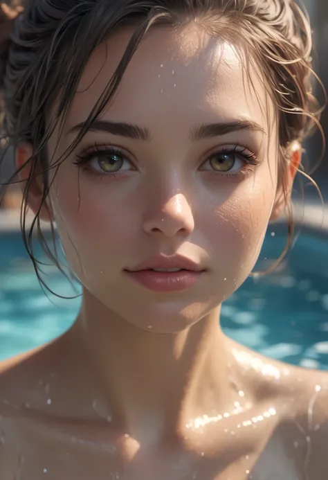 epic realistic, RAW, analog, A full portrait of stunning woman wearing swimsuit, alluring expression, swimming pool, clear water,  natural look, no make up,  masterpiece that captures the essence and beauty of the woman and water, ((highly detailed skin, s...