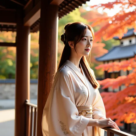 An exquisitely serene and artistic portrayal of an Asian woman standing on a wooden balcony, overlooking a tranquil autumnal scene. She is dressed in an elegant, pale kimono adorned with delicate embroidery, accentuating her poised and graceful demeanor. H...