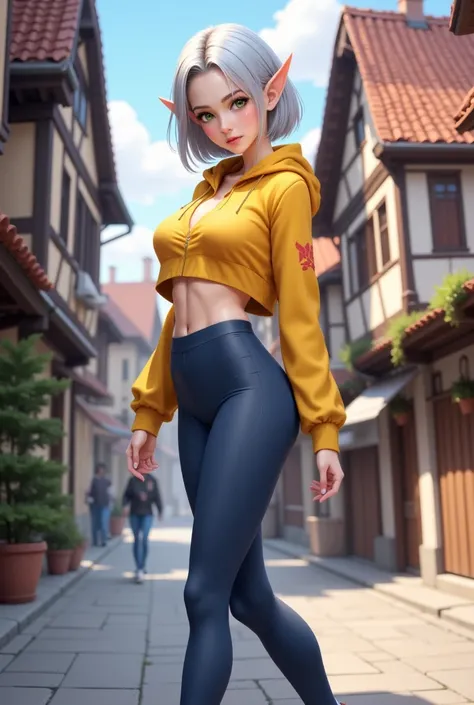 A beautiful anime-style female elf with silver hair and green eyes, wearing a yellow cropped jacket, navy-blue leggings, and blue sneakers. She is standing in a picturesque European-style medieval village, with a playful expression looking over her shoulde...