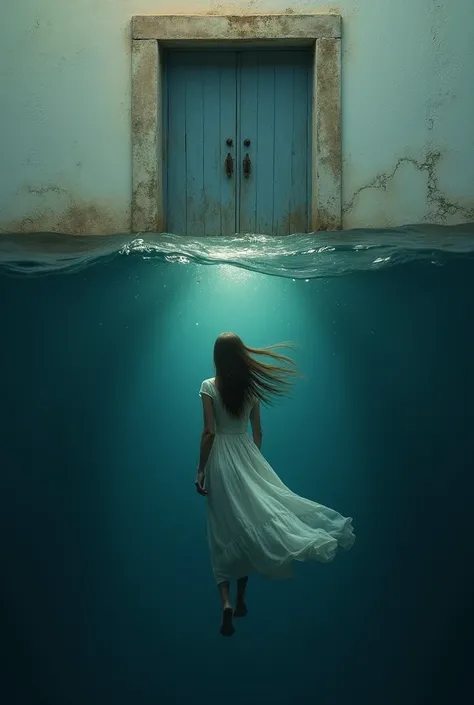 image divided in half horizontally, on top a blue wooden door, below sea salt water, a woman with straight hair slowly sinking, light and thin dress, indirect lighting, light coming from above