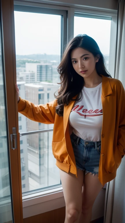 Long Hair, High Resolution, Large breasts, Feet Out Of Frame, poses like model , standing on the edge of a hotel room window leading out the window, wearing a t-shirt and also a bludru jacket.