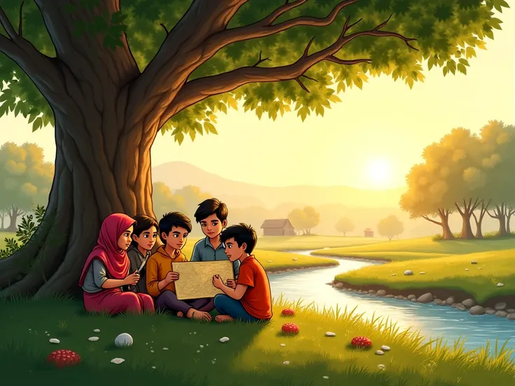 A small, peaceful village surrounded by lush green fields and tall trees. Five friends—Ayesha, Ali, Zain, Sara, and Bilal—are sitting under a large banyan tree near a flowing river. Ayesha is holding a handmade map, while the others look curious and excite...