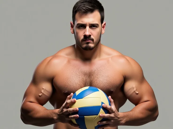 man, handsome,  brown,  short hair,  toned shirtless ,  with a lot of hair on his chest . With a volleyball 