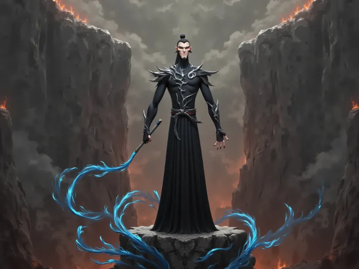 ( masterpiece, top quality:1.2), Game anime characters, alone,beard, Black Robe ,slim。Holding a blue whip in his hand。Kung Fu Action ,flame,cliff,Ominous clouds,Grand scene,Large game scene