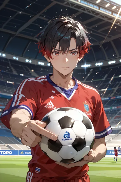  gradient hair、 holding a soccer ball in hand、Pointing、 soccer jerseys、, cool, male、20th Generation、 STADIUM、male性らしさ、Sparkling、 upper body、 black hair、 anime style、 diamond、 red uniform 