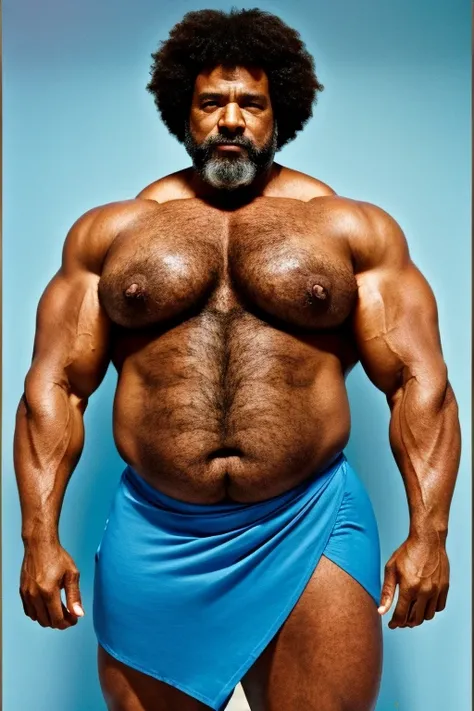     Cecil Beaton style cover of Vogue magazine with a hyperrealistic image of a mature Afro-American man, playing a Theban soldier  ,a fat bodybuilder ,Bear Wingo     ,with huge and wet Afro hair ,    with a bare torso  ,Weighing more than 200 kg  ,   with...