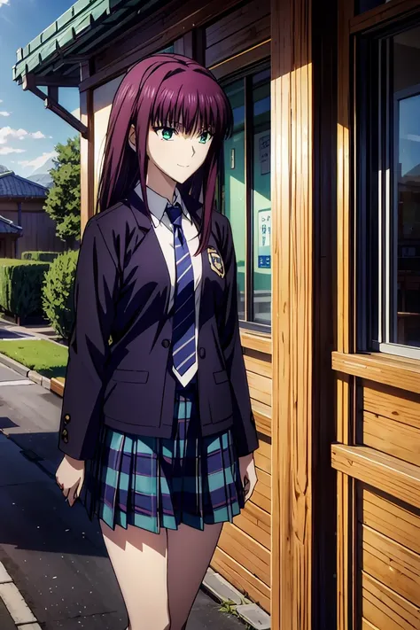 outside, outdoor, downtown,Lunch,赤  purple hair,  GREEN EYES,  eyes like jewels,((最  high quality)), ((  Masterpiece)), (  Details),  1 GIRL ,  sexy,smile face,  blazer uniform,赤  purple hair,  GREEN EYES ,  eyes like jewels, 超  nothing , (((  GREEN EYES))...