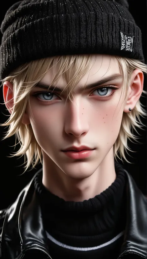 Meticulous, analog style, eye focused, highest quality, (highly detailed skin), photo of very hansome pale skin Dutch punk boy, 21 years old, (wearing beanie), perfect face, alluring eyes, [seductive makeup], pore skin, (pierce:0.5), black background, (bok...