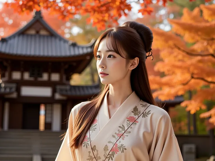 An exquisitely serene and artistic portrayal of an Asian woman standing in front of a japanese temple. She is dressed in an elegant, pale kimono adorned with delicate embroidery, accentuating her poised and graceful demeanor. Her long, dark hair cascades s...