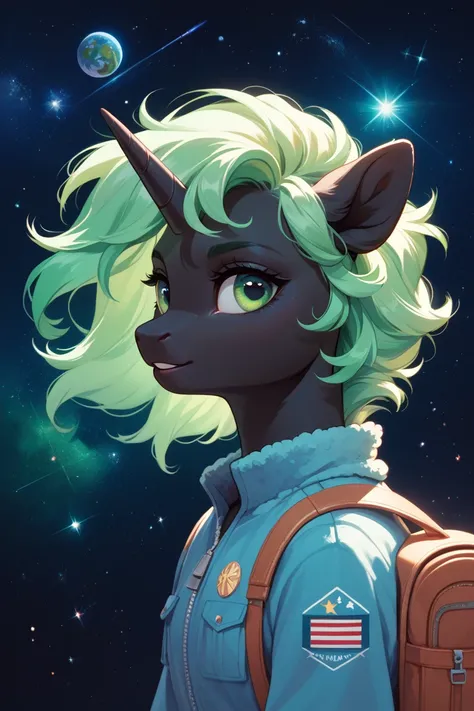 Black pony unicorn. Bright green mane. mane straight.  green eyes. black wool.  She is wearing a backpack. She's in space on an asteroid. 