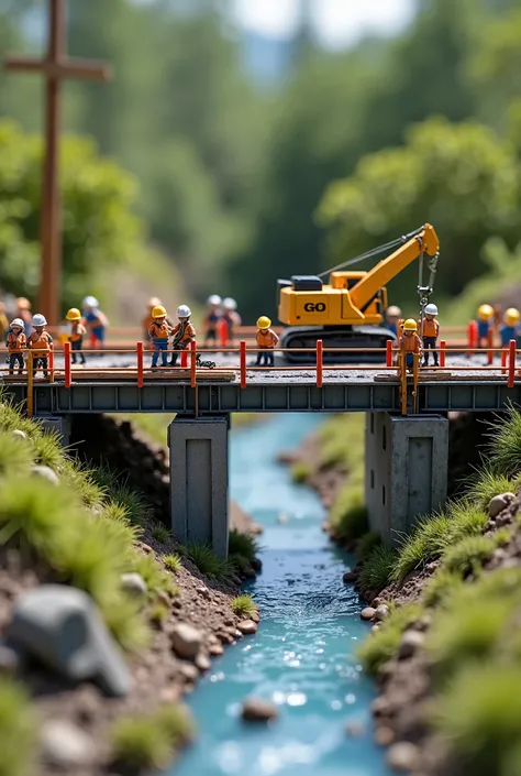 "A highly detailed miniature scene of bridge construction: tiny construction workers wearing helmets and vests are actively working on the site. Small cranes lift steel beams and construction materials, excavators dig the foundation, and workers coordinate...