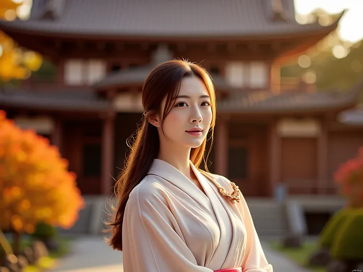 An exquisitely serene and artistic portrayal of an Asian woman standing in front of a japanese temple. She is dressed in an elegant, pale kimono adorned with delicate embroidery, accentuating her poised and graceful demeanor. Her long, dark hair cascades s...