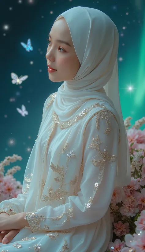  Here is a more concise and still detailed version to be used at SeaArt :


---

Prompt:
 A beautiful young Korean woman wears a graceful white hijab ,  sitting quietly leaning .  She wore a luxurious embroidered dress with intricate details and sparkling ...