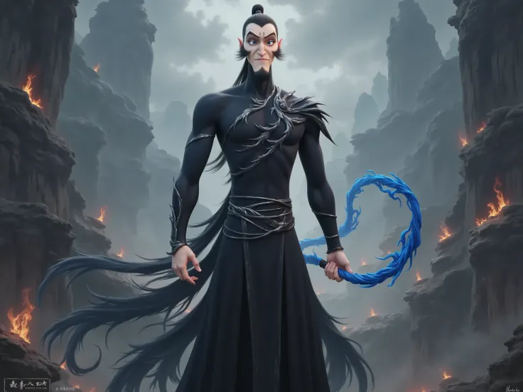 ( masterpiece, top quality:1.2), Game anime characters, alone,beard, Black Robe ,slim。Holding a blue whip in his hand。Kung Fu Action ,flame,cliff,Ominous clouds,Grand scene,Large game scene
