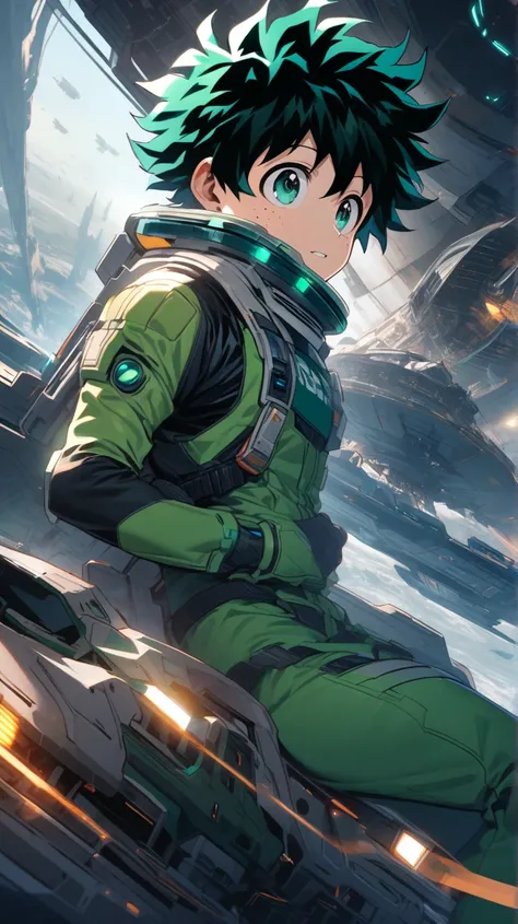 Izuku Midoriya, green undercut curly hair, green eyes, freckles, sci-fi suit, spaceship