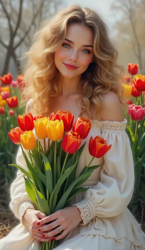 acrylic painting  ,  depicting a pretty young woman BEAUTIFUL FACE BEAUTIFUL EYES with curly blond coconuts,  sits, Dressed in a beautiful , Titian color ',winter and white clothes, ,  character in the WINTER garden , holding in her hands a bouquet of red ...