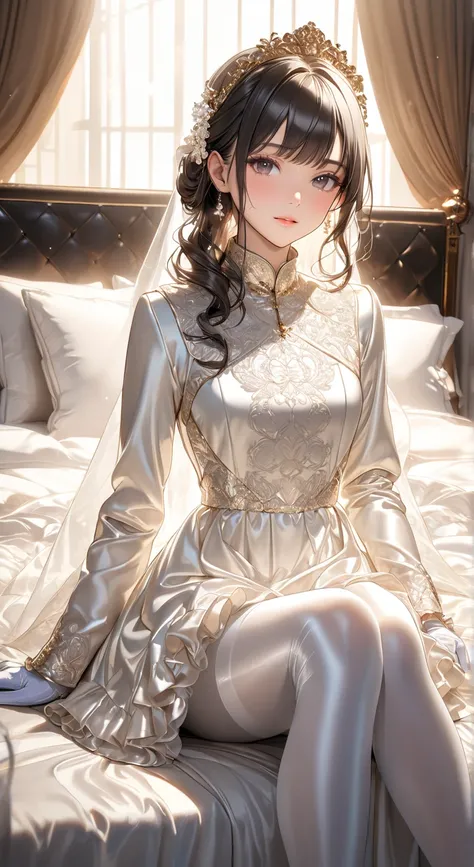  full body photo、 portrait、god々Shining light、( masterpiece, top quality,  ultra high resolution ),Extremely detailed CG, Japanese woman,(( beautiful face)),(( long sleeve long sleeve dress made of shiny white silk satin))、((The dress has a simple design wi...