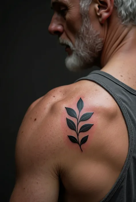 Generate an image of a shoulder of 65 years old british man having a black tattoo on his shoulder having only 5 black leaves connected with a stem