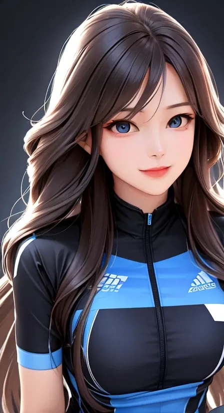 woman , long hair brown, normal, she is solo, from alternative world ,best quality, realistic, cycling full blue black color suit and cycling sports shorts, she is stand , makeup face red and smile 