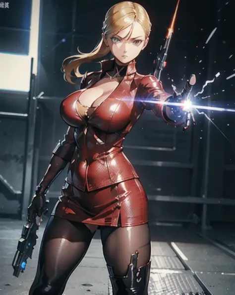  terminator、 Terminatrix .T-X、 machine arm ,  anime style,  Japanese illustration style,  Unreal Engine , blonde,  big breasts,  expressionless ,  1 GIRL, Battle Scene 、Hatching（ texture ）,  8k octane ,  suit、 tight skirt、 pantyhose、 Thigh High Boots 