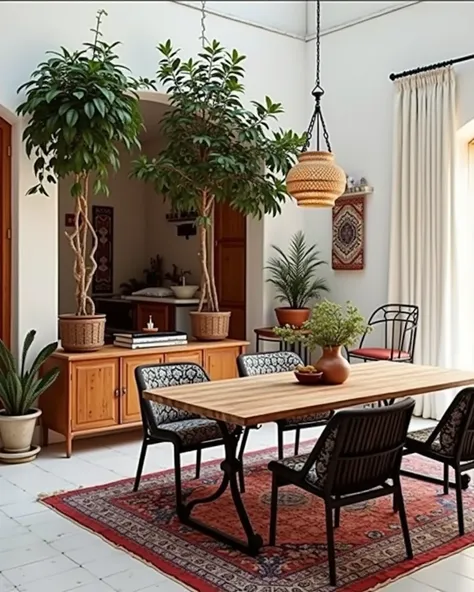 Mediterranean-style room with warm, earthy tones, featuring terracotta floors and whitewashed walls. Modern wooden furniture, including large dining table and chairs, is complemented by wrought-iron accents and vibrant, patterned textiles. Potted plants an...