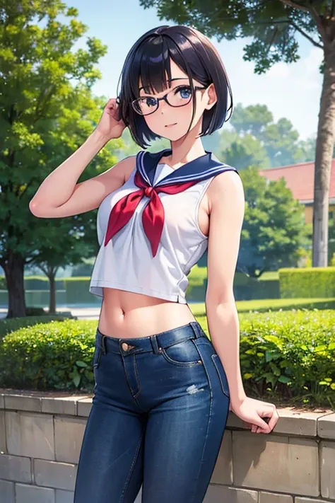 a detailed, high quality, realistic portrait of 1 girl standing with her back facing the camera, wearing a sailor uniform with a sleeveless top, no bra, visible midriff and navel, denim blue jeans, sneakers, short bob hairstyle, glasses, outdoor school set...