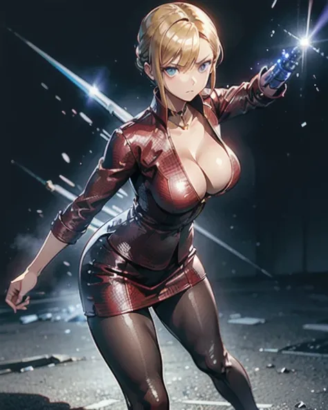  terminator、 Terminatrix .T-X、 machine arm ,  anime style,  Japanese illustration style,  Unreal Engine , blonde,  big breasts,  expressionless ,  1 GIRL, Battle Scene 、Hatching（ texture ）,  8k octane ,  suit、 tight skirt、 pantyhose、 Thigh High Boots 