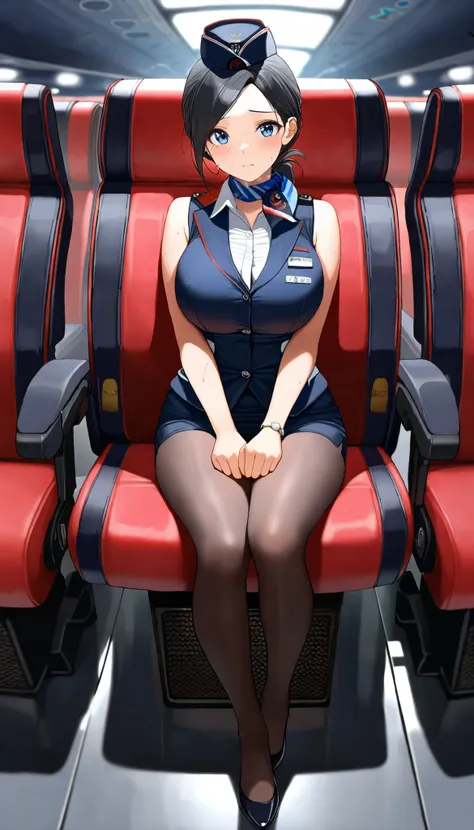 (((( Masterpiece)))), (((( top quality)))), nothing ,fine grain, detailed face, Detailed Expression Description , fine grain 、 detailed face、 detail hair 、 Sparkling Skin 、sweat、, Japan airline's flight attendant , A uniform that fits the skin , sleeveless...