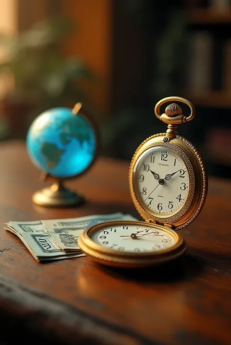 A surreal and artistic scene on a wooden table. A vintage golden pocket watch with intricate engravings is placed prominently, its hands moving unusually fast, symbolizing the rapid passage of time. Next to it, a stack of crisp banknotes in various denomin...