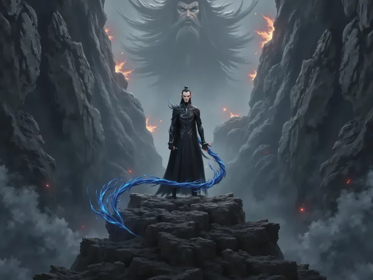 ( masterpiece,  top quality:1.2), Game anime characters,  alone，beard,  Black Robe ,slim。Holding a blue whip in his hand。Kung Fu Action ，flame，cliff，Ominous clouds，Grand scene，Large game scene
