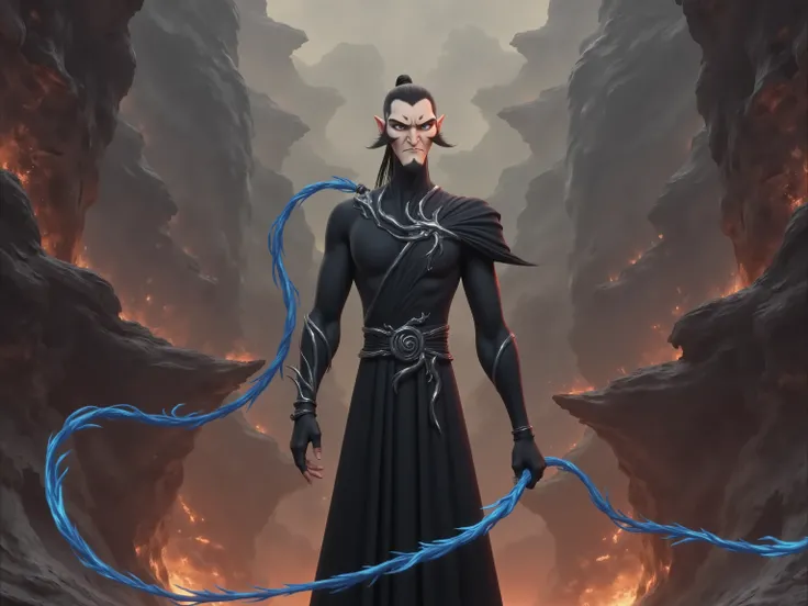 ( masterpiece, top quality:1.2), Game anime characters, alone,beard, Black Robe ,slim。Holding a blue whip in his hand。Kung Fu Action ,flame,cliff,Ominous clouds,Grand scene,Large game scene