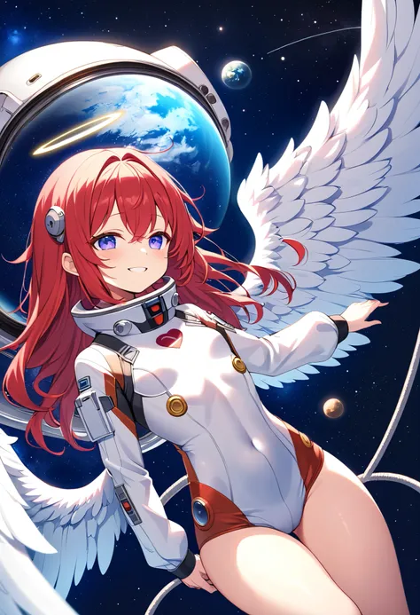   one girl、  red hair 、 Red、I'm in space、 small breasts、 long hair、 Angel Wings、 to have a bright smile 、Young appearance、Good physique 、  he's short、Seductive thighs 