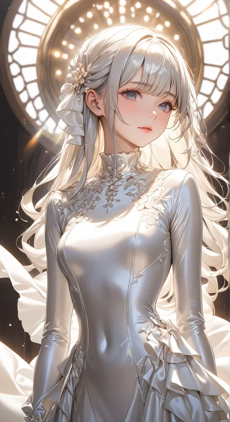  full body photo、 portrait、god々Shining light、( masterpiece, top quality,  ultra high resolution ),Extremely detailed CG, Japanese woman,(( beautiful face)),(( long sleeve long sleeve dress made of shiny white silk satin))、((The dress has a simple design wi...