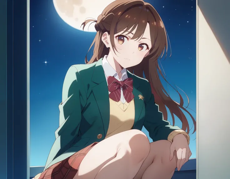 staring at viewers , Alone, Chizuru Ichinose, 1 GIRL, brown hair, long hair, french braid, brown eyes,  school's, green jacket, yellow sweater , bow tie,  plaid skirt, red skirt,  black socks, In a completely dark room, locker,  window_,Midnight circa 12:...