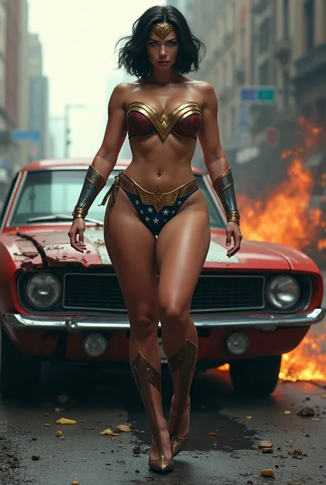 BBW Shazam Mary Marvel Short dark haircut ,  blue eyes, beautiful, muscular, very high,  big ass, pantimedias,  briefs ,  Wonder Woman lingerie ,  high heels,  is hit by a car at full speed that violently crashes into her and is left motionless inside the ...