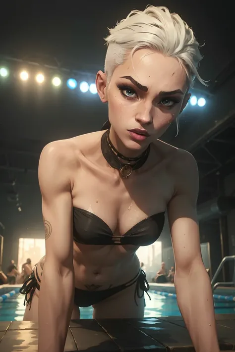 (Masterpiece:1.2, Best quality, cyberpunk), (real photo, Intricate details, 4K photo), (1lady, solo, Slender body, small breast, shows tongue, Dubai)，old face  Experiment with appearance：Shave your head or white barbershop style short thick hair colorvacat...